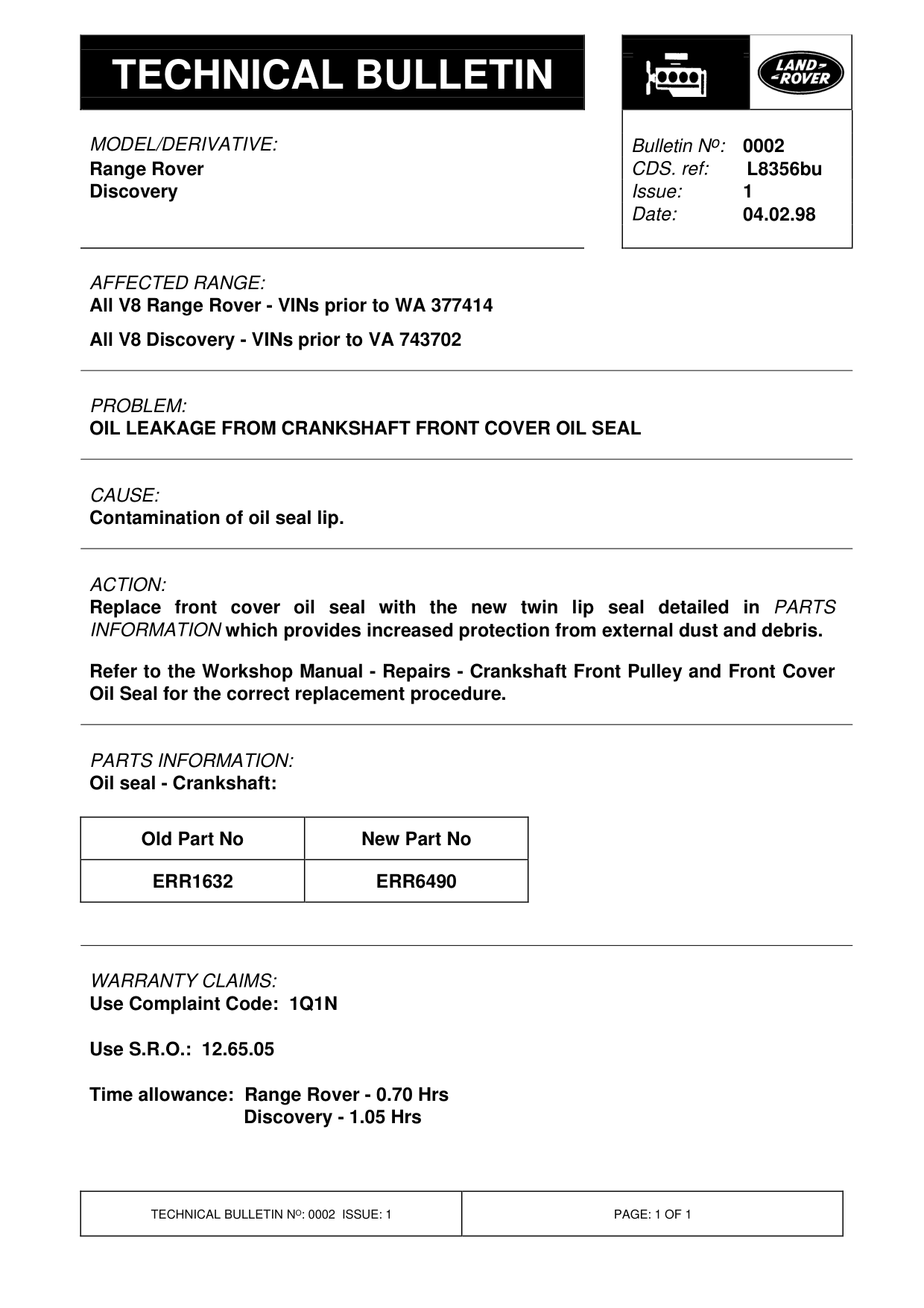 Oil Leakage From Crankshaft Front Cover Oil Seal – bulletin page 1