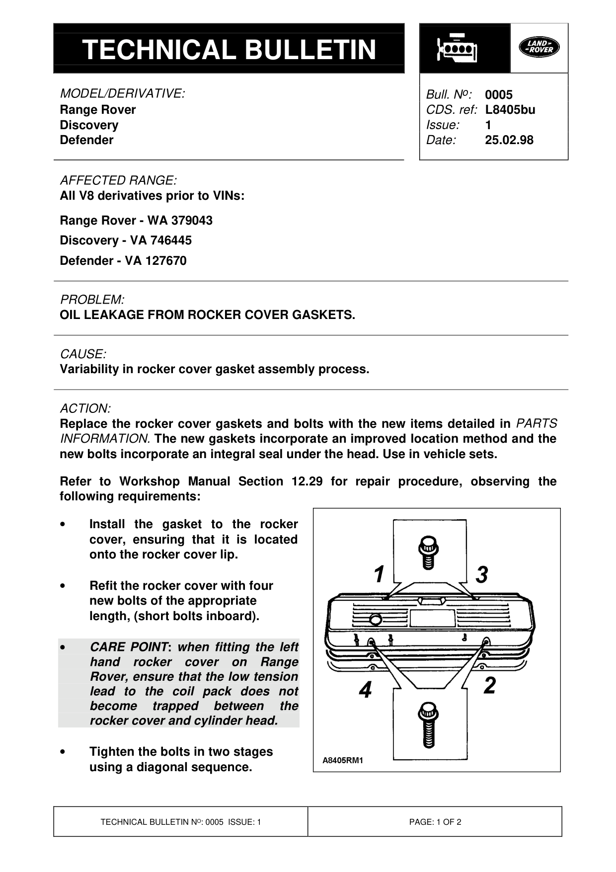 Oil Leakage From Rocker Cover Gaskets – bulletin page 1
