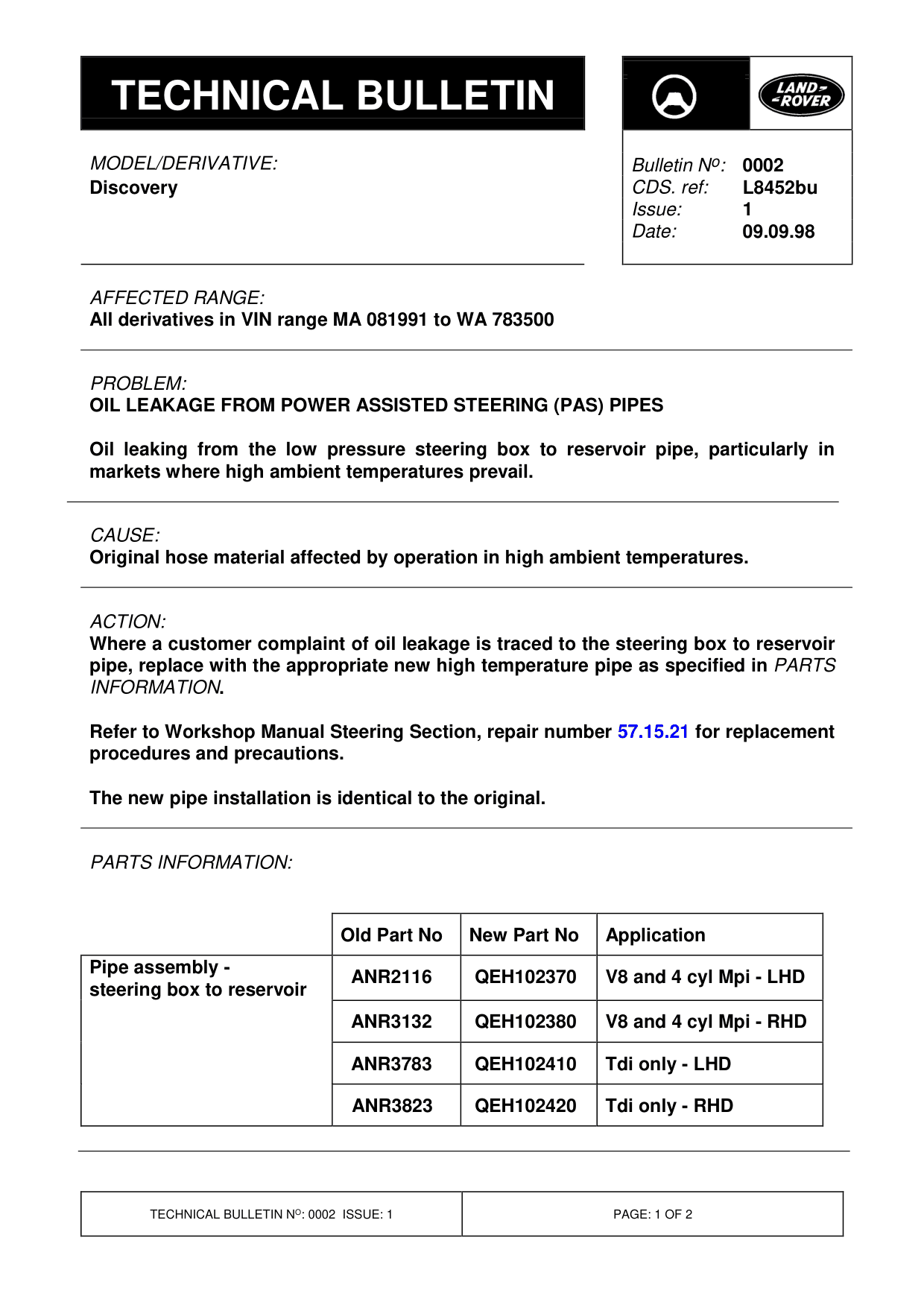 Oil Leakage From Power Assisted Steering (Pas) Pipes – bulletin page 1
