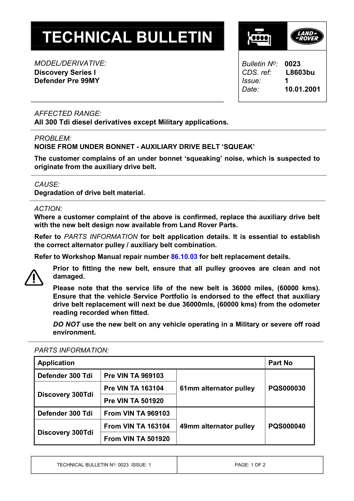 Noise From Under Bonnet - Auxiliary Drive Belt ‘Squeak’ – bulletin page 1