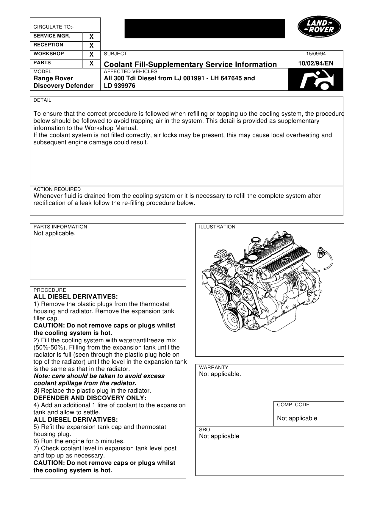 Coolant Fill-Supplementary Service – bulletin page 1