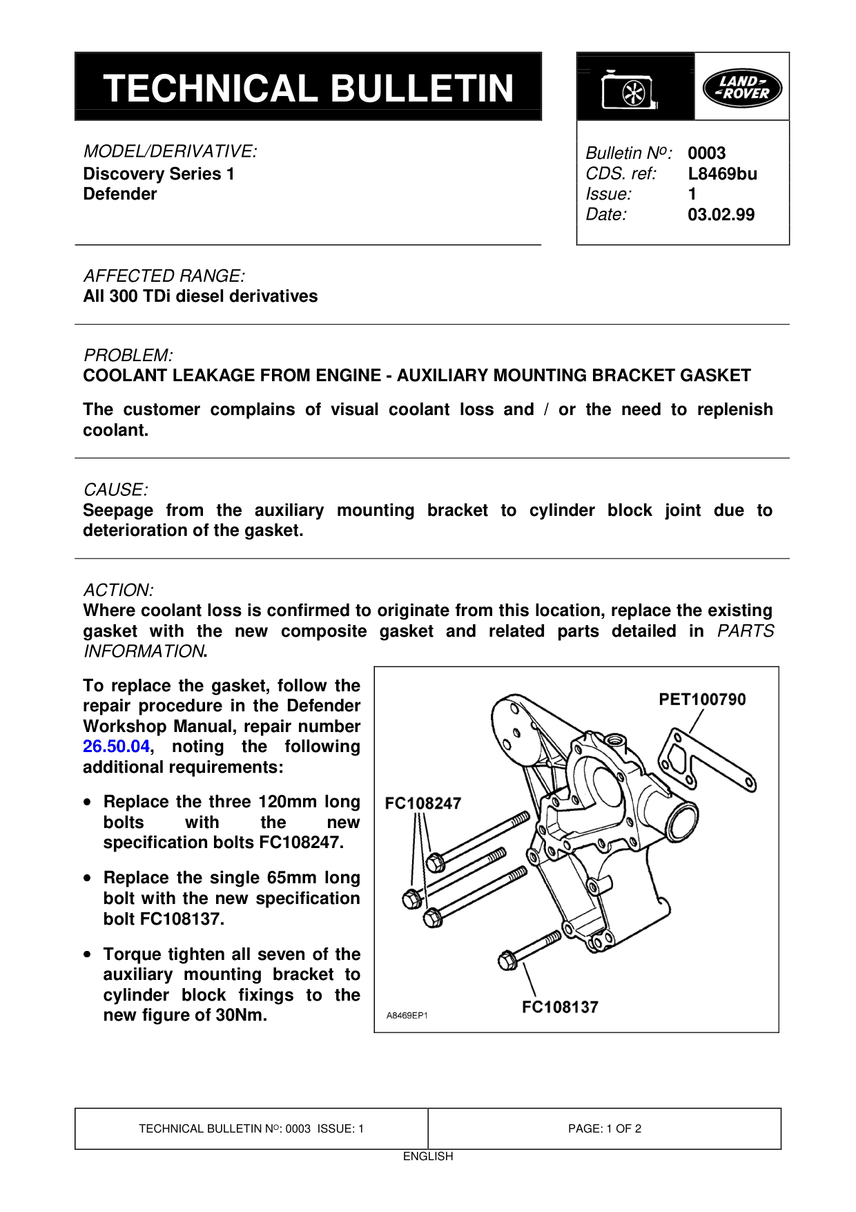 Coolant Leakage From Engine - Auxiliary Mounting Bracket Gasket – bulletin page 1