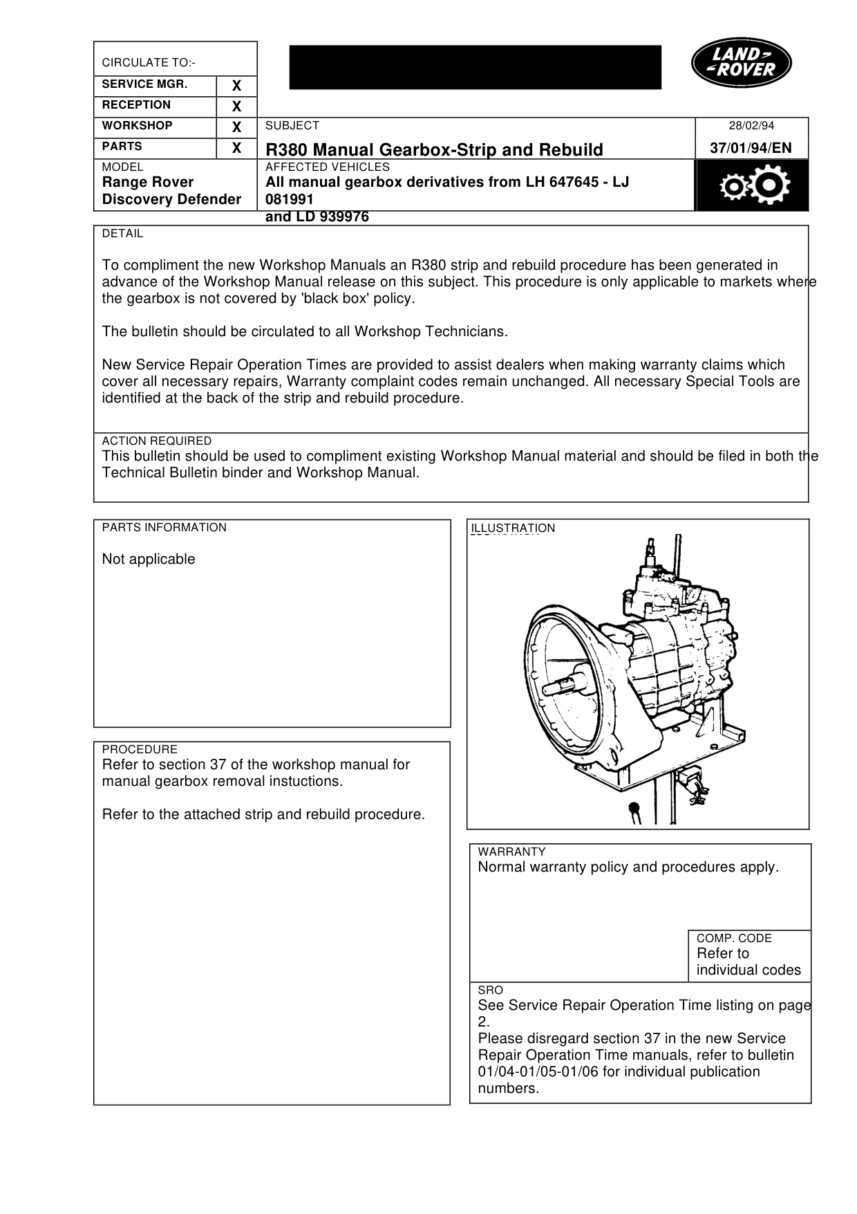 R380 Manual Gearbox-Strip And Rebuild – bulletin page 1