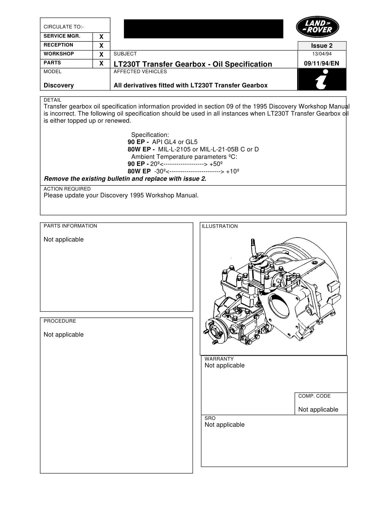 Transfer Gearbox-Oil Specification – bulletin page 1