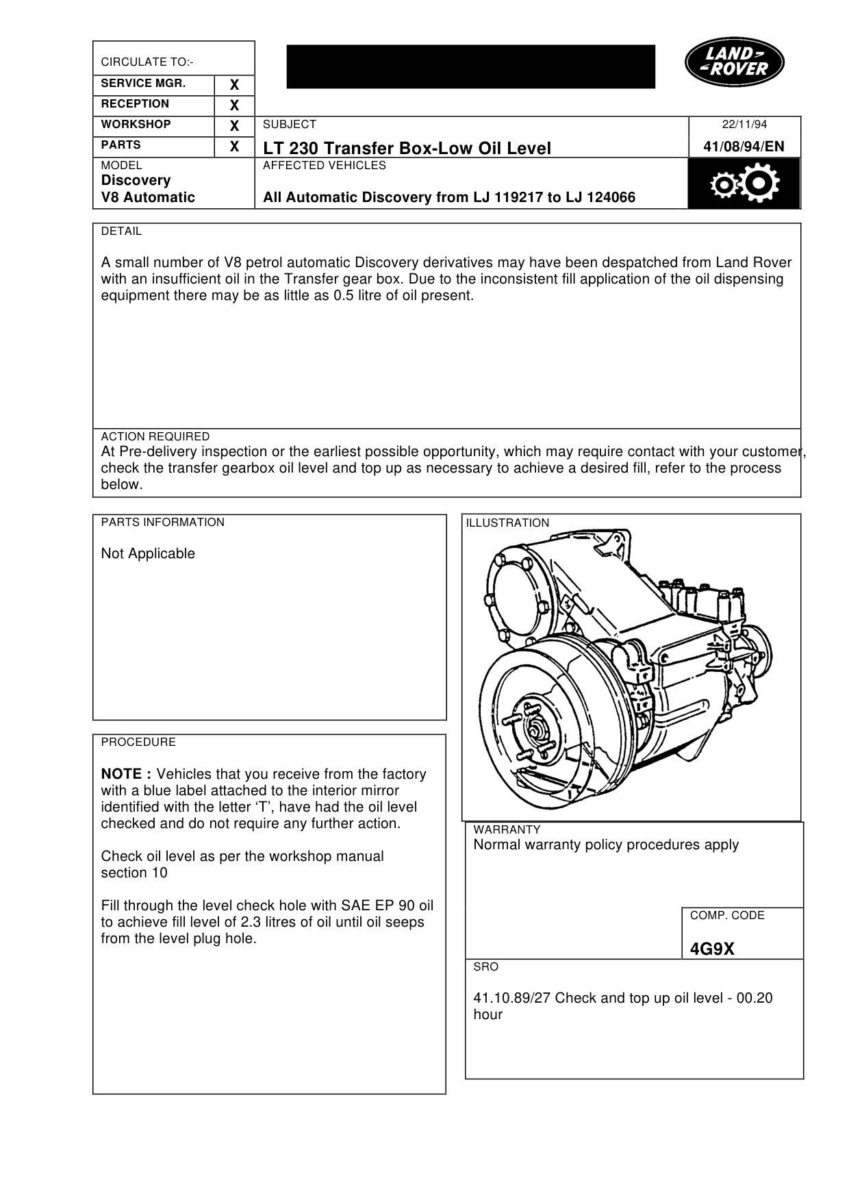Lt230T Transfer Gearbox-Low Oil Level – bulletin page 1