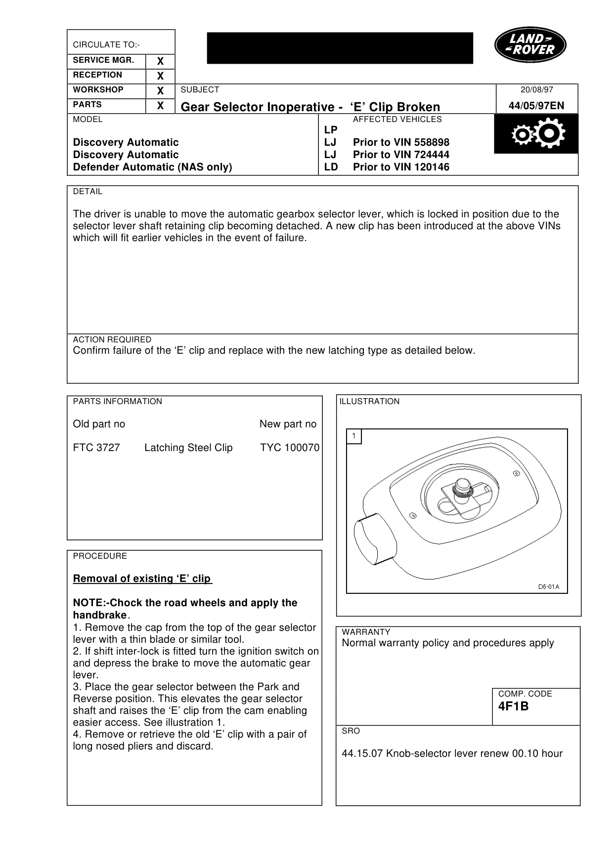 Gear Selector Inoperative - ‘E’ Clip Broken – bulletin page 1
