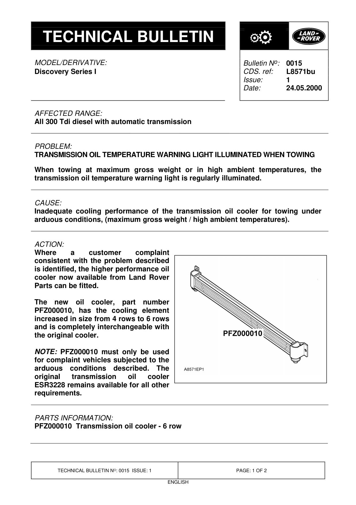 Transmission Oil Temperature Warning Light Illuminated When Towing – bulletin page 1