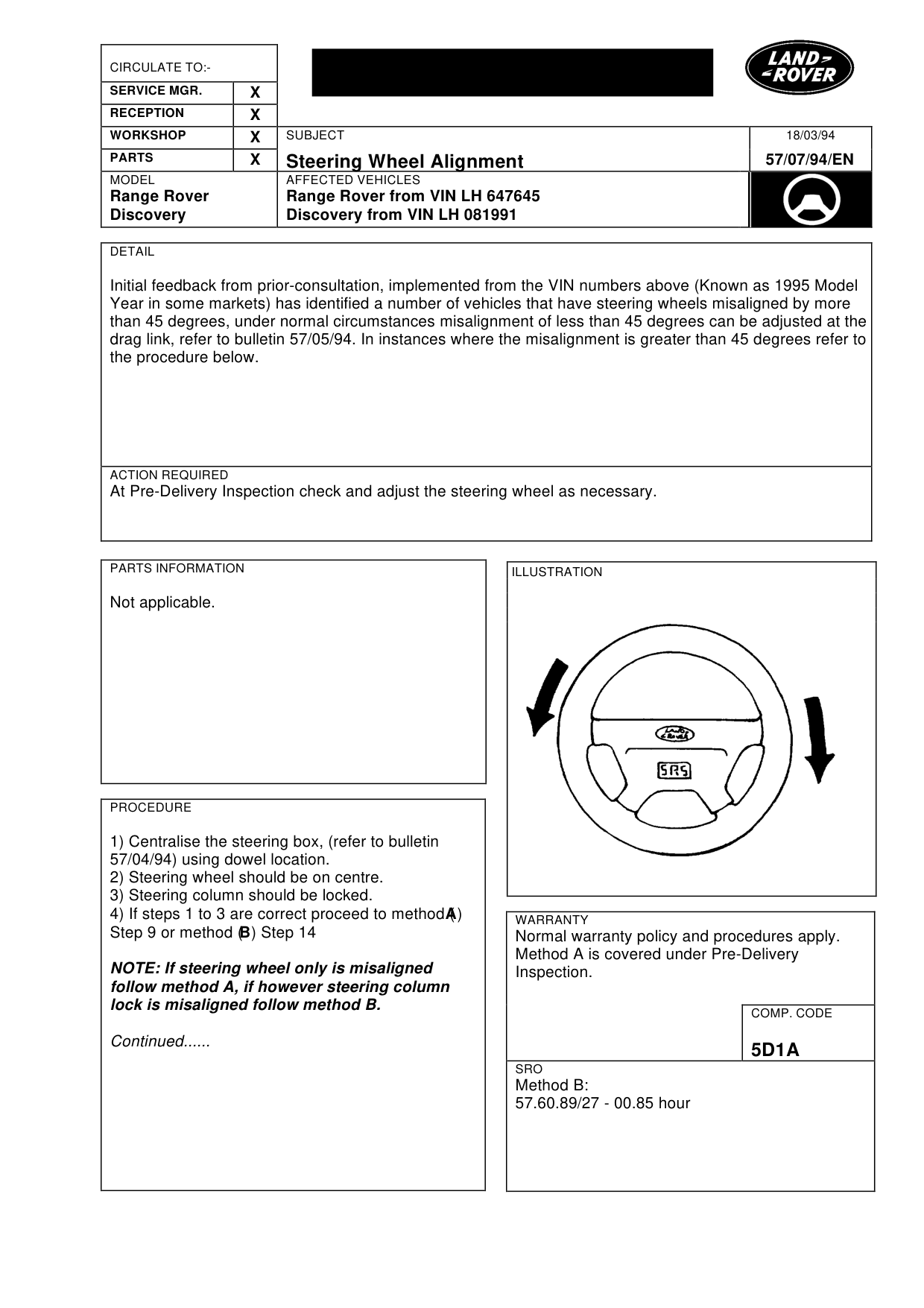 Steering Wheel Alignment – bulletin page 1