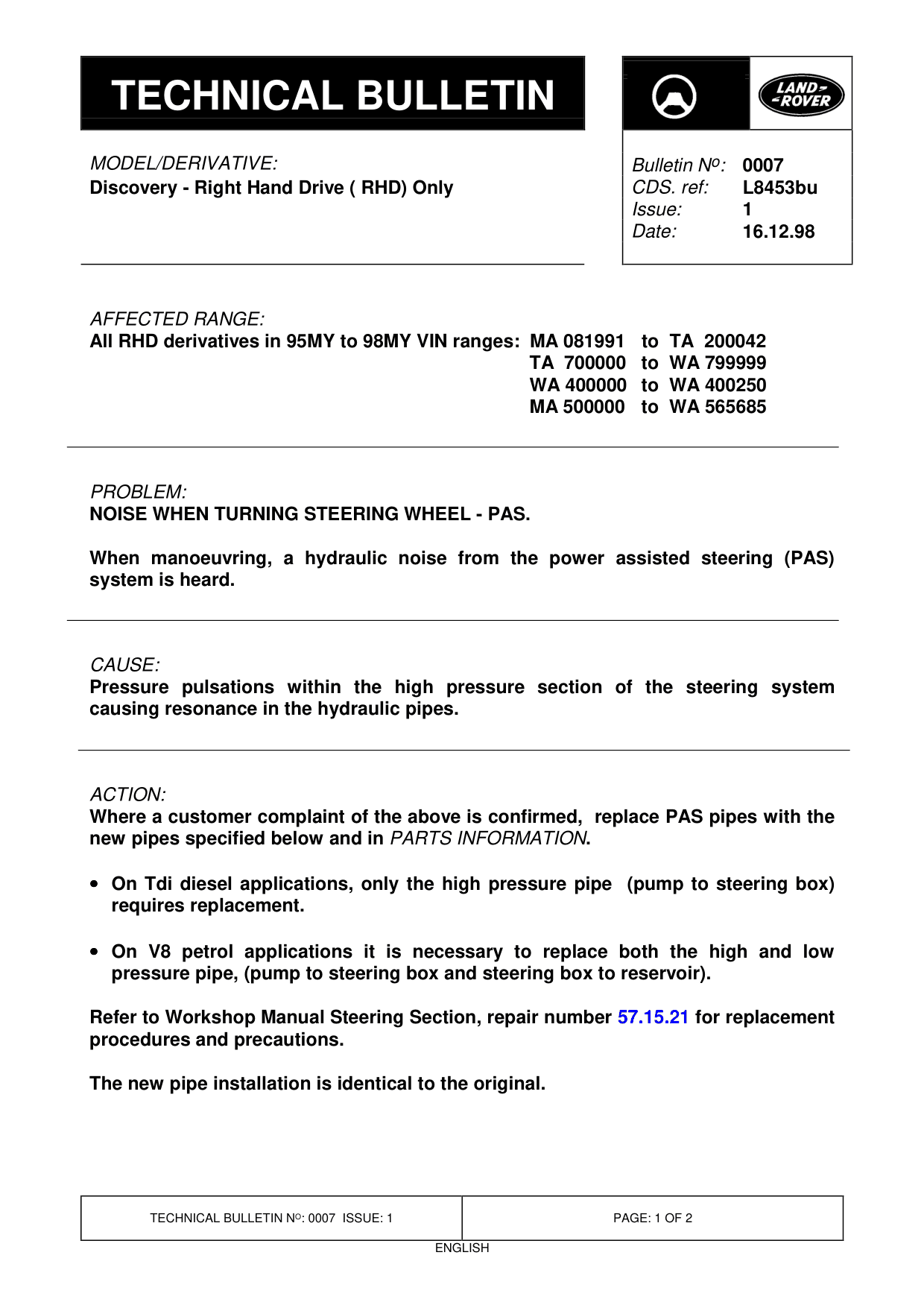 Noise When Turning Steering Wheel - Pas – bulletin page 1