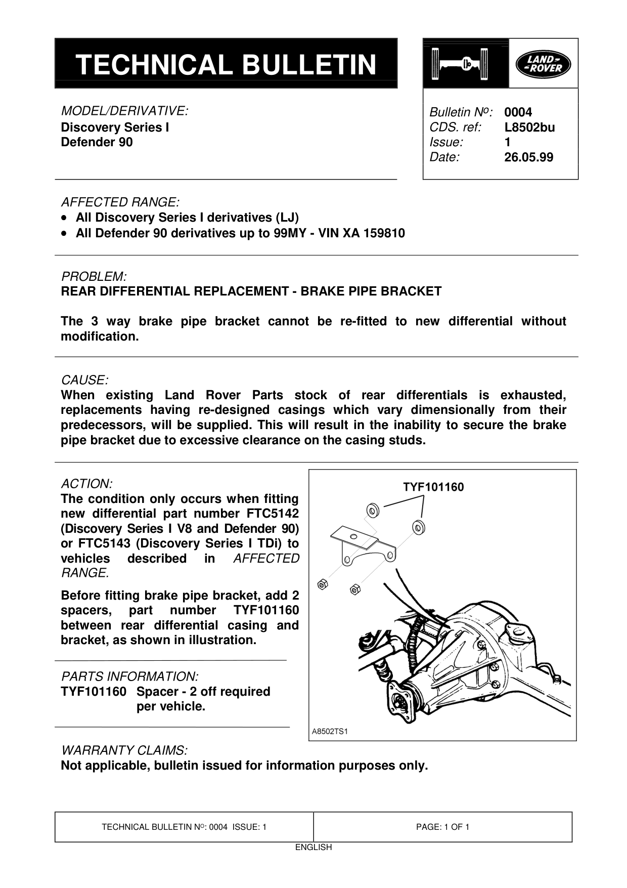 Rear Differential Replacement - Brake Pipe Bracket – bulletin page 1