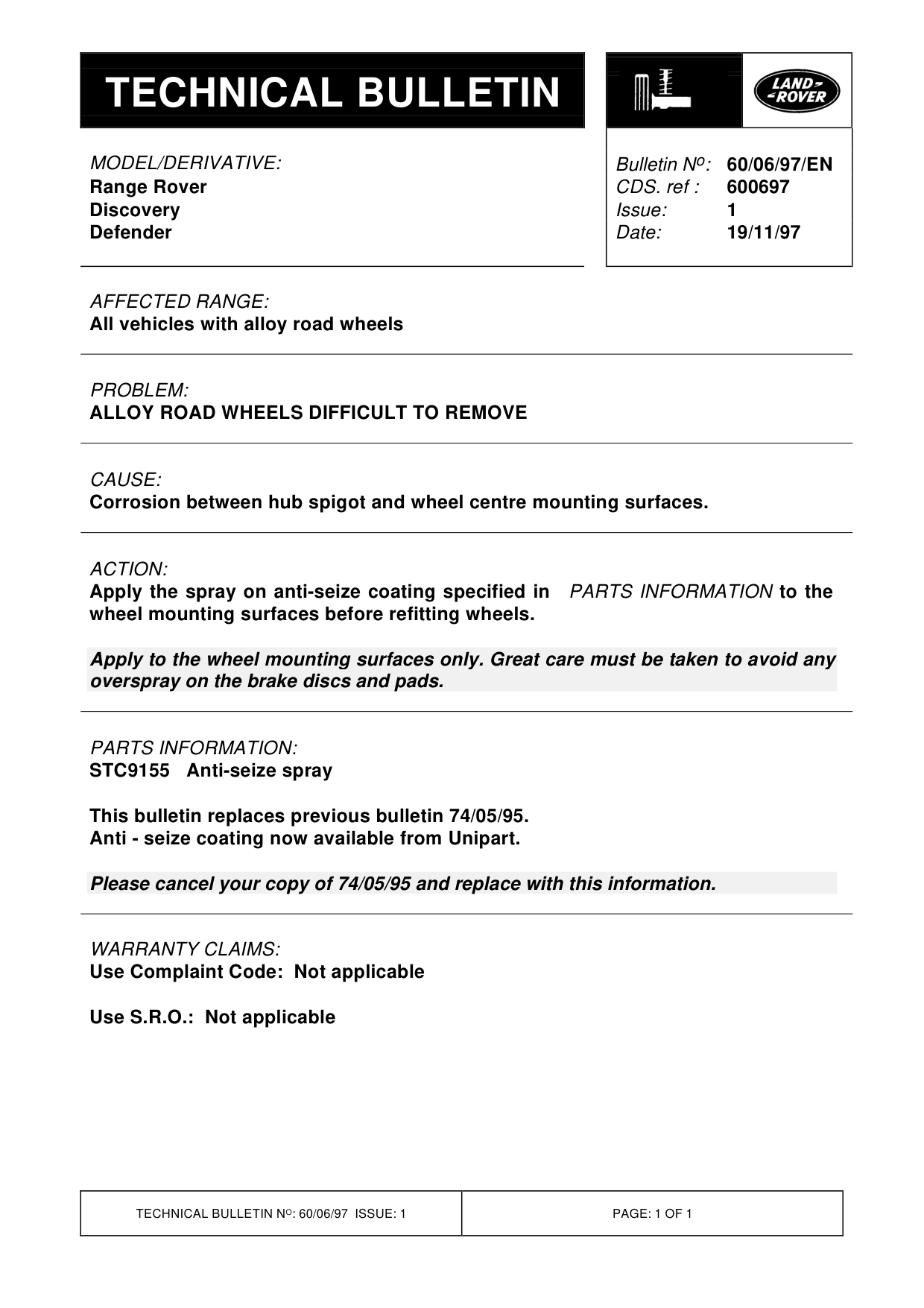 Alloy Road Wheels Difficult To Remove – bulletin page 1