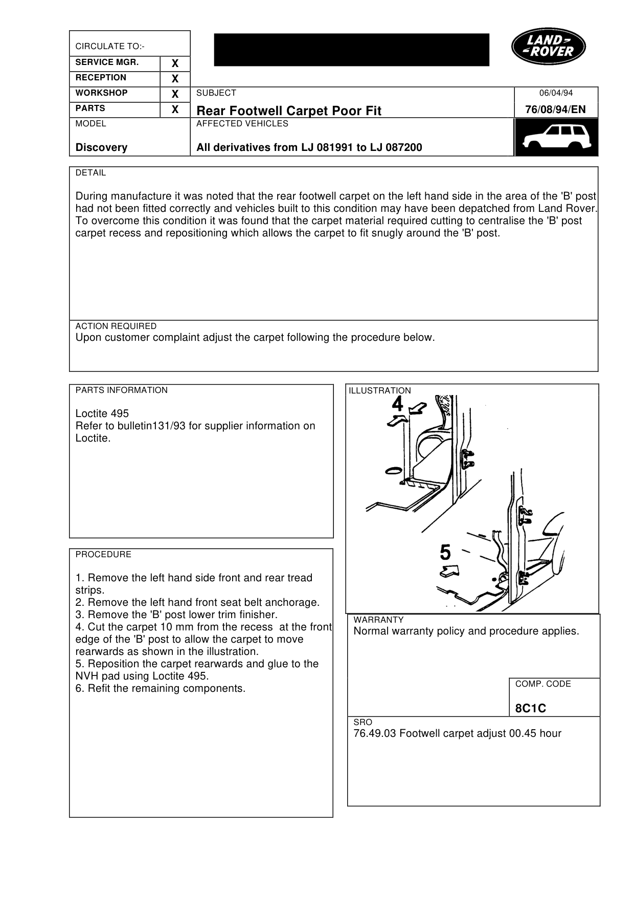 Rear Footwell Carpet Poor Fit – bulletin page 1