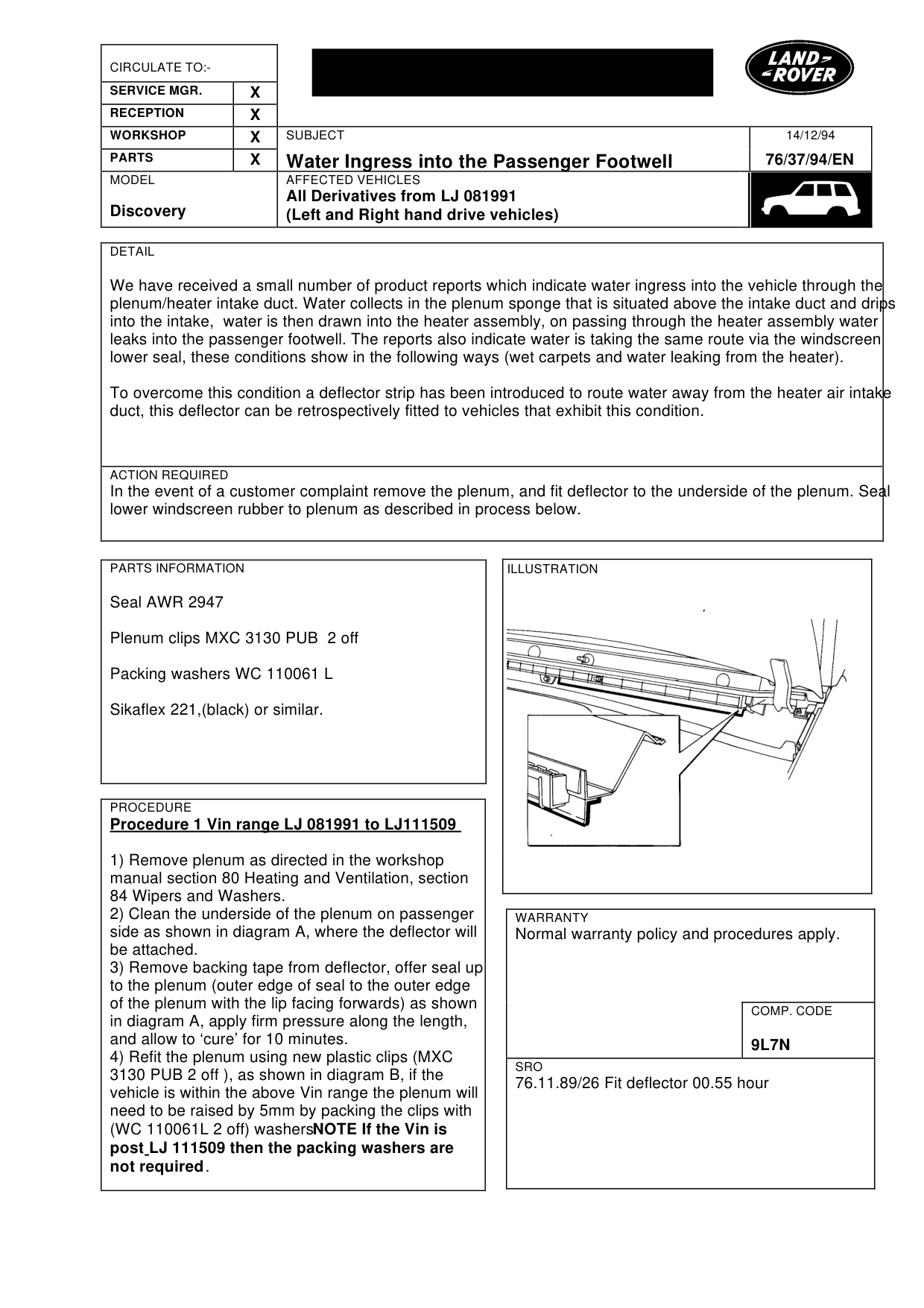 Water Ingress Into Passenger Footwell – bulletin page 1
