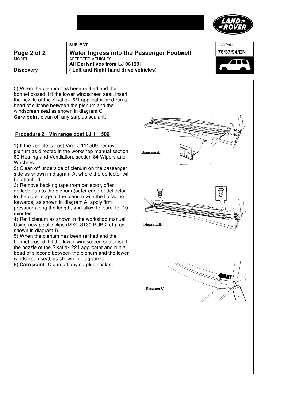 Water Ingress Into Passenger Footwell – bulletin page 2