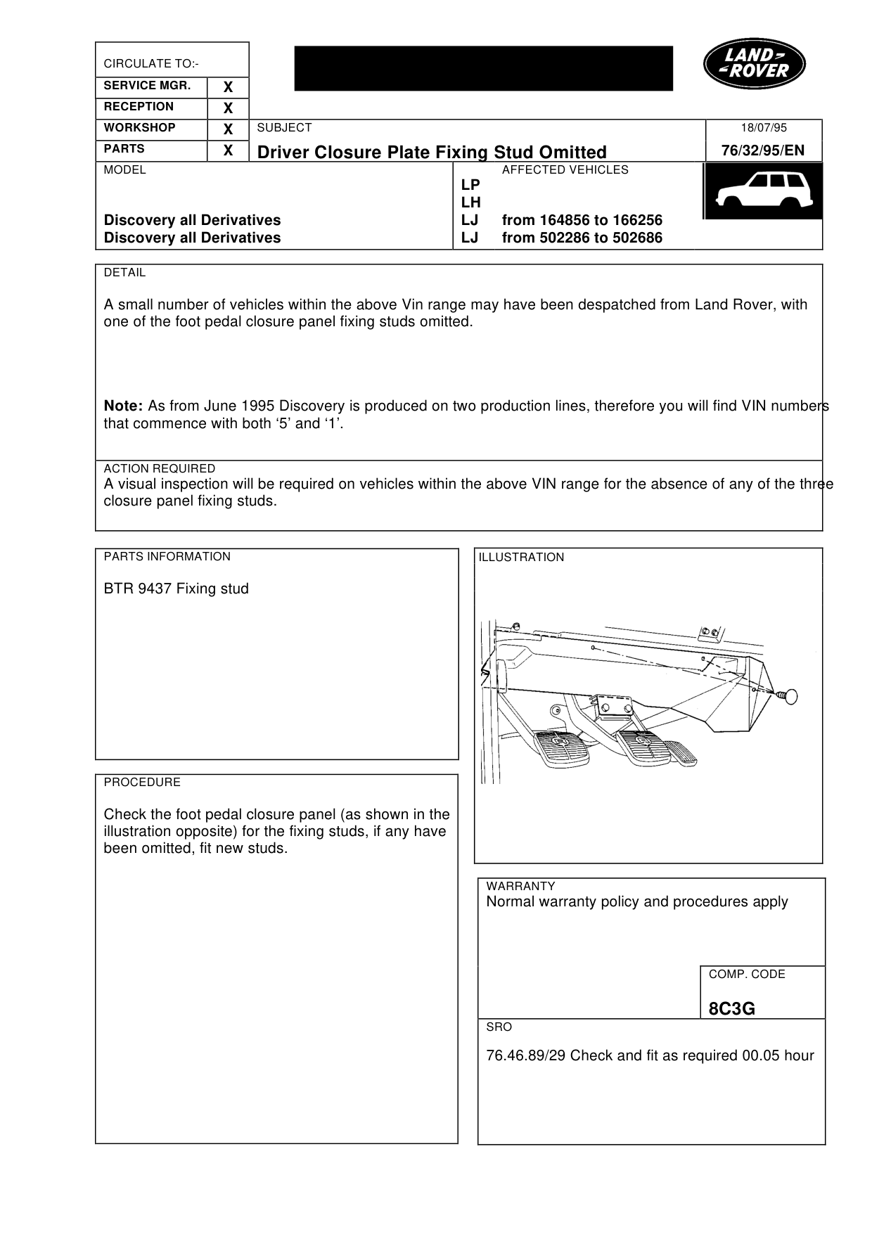 Driver Closure Plate Fixing Stud Omitted – bulletin page 1
