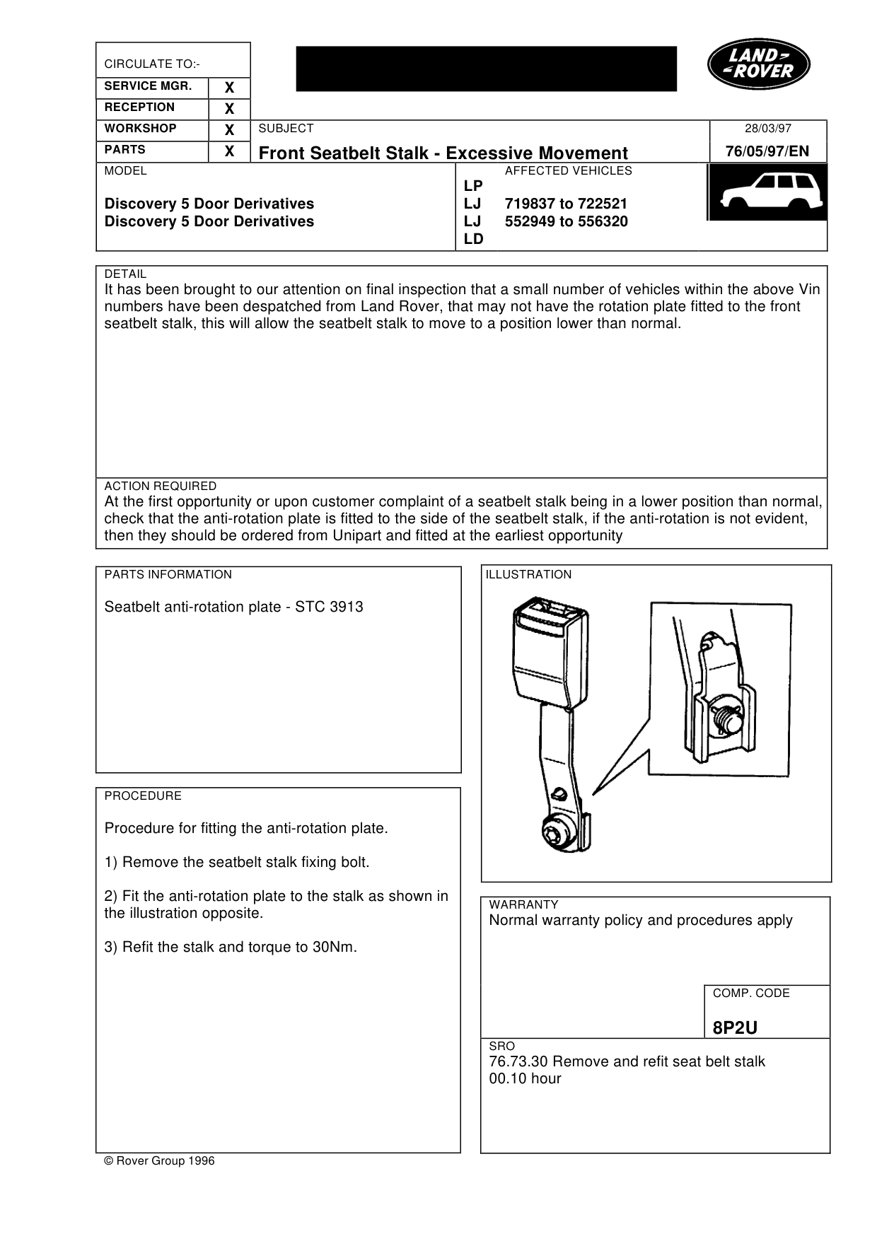 Front Seat Belt Stalk Excessive Movement – bulletin page 1