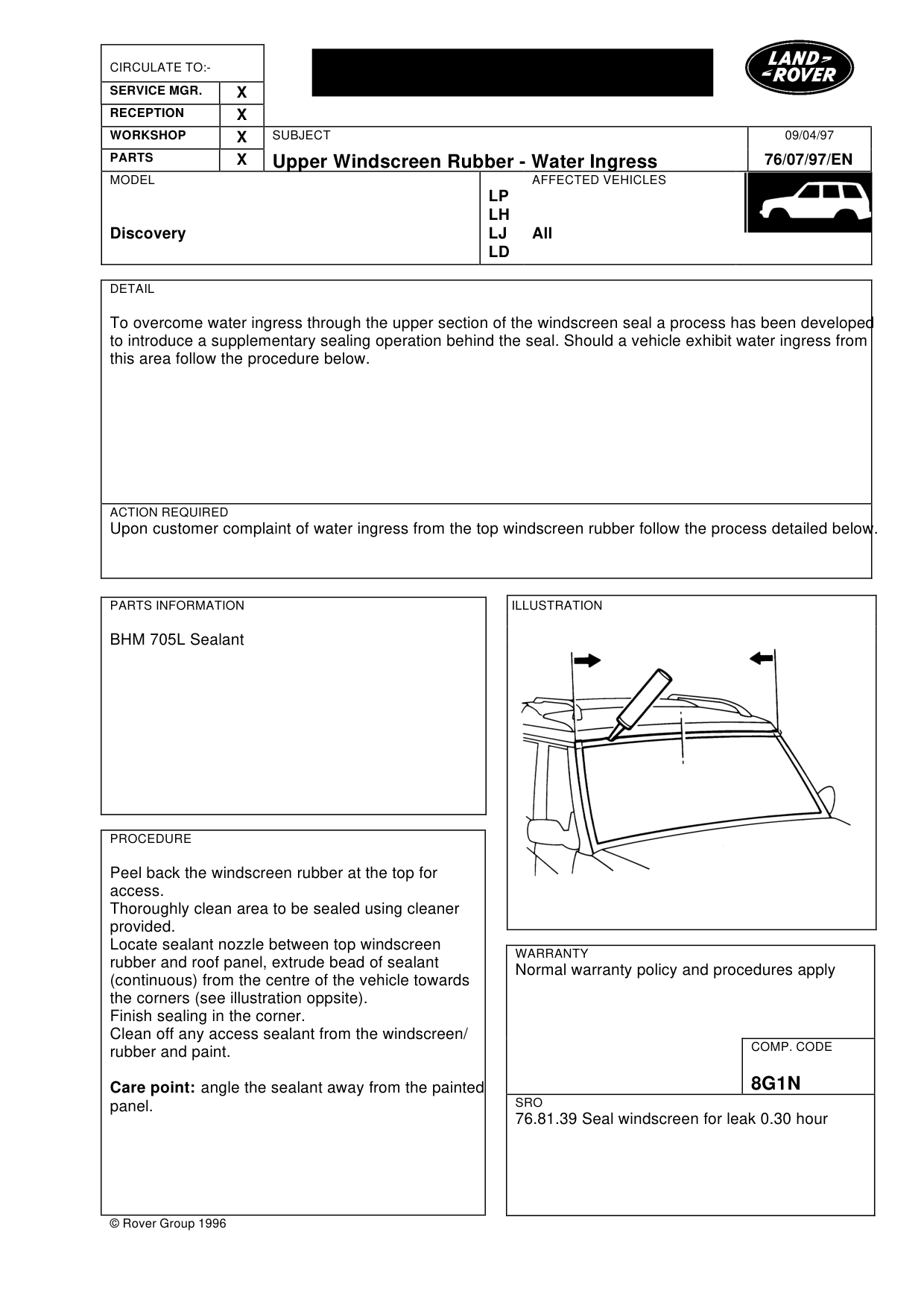 Upper Windscreen Rubber Water Ingress – bulletin page 1