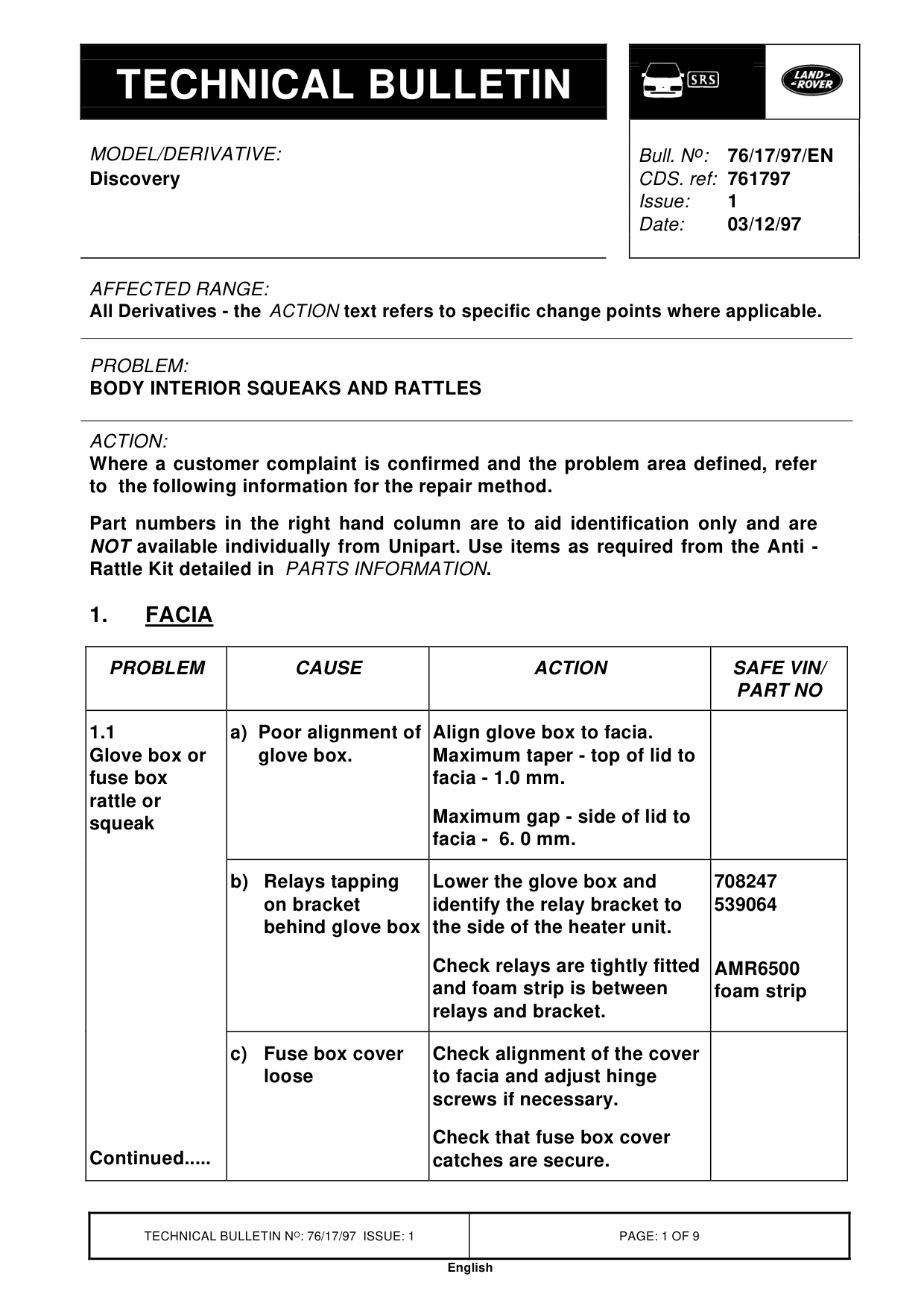 Body Interior Squeaks And Rattles – bulletin page 1