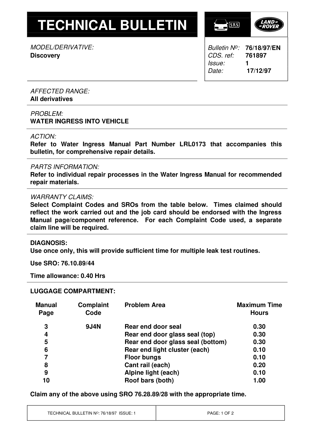 Water Ingress Into Vehicle – bulletin page 1