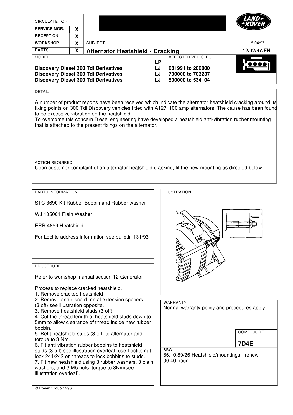 Alternator Heat Shield Cracking – bulletin page 1