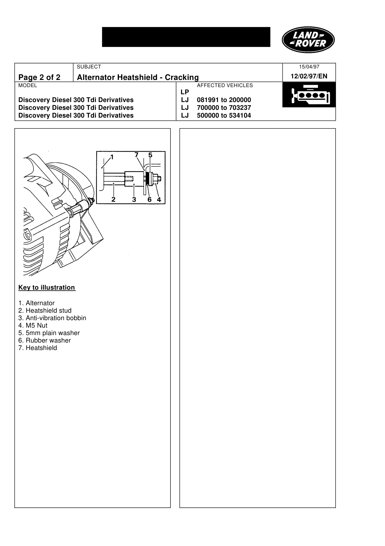 Alternator Heat Shield Cracking – bulletin page 2