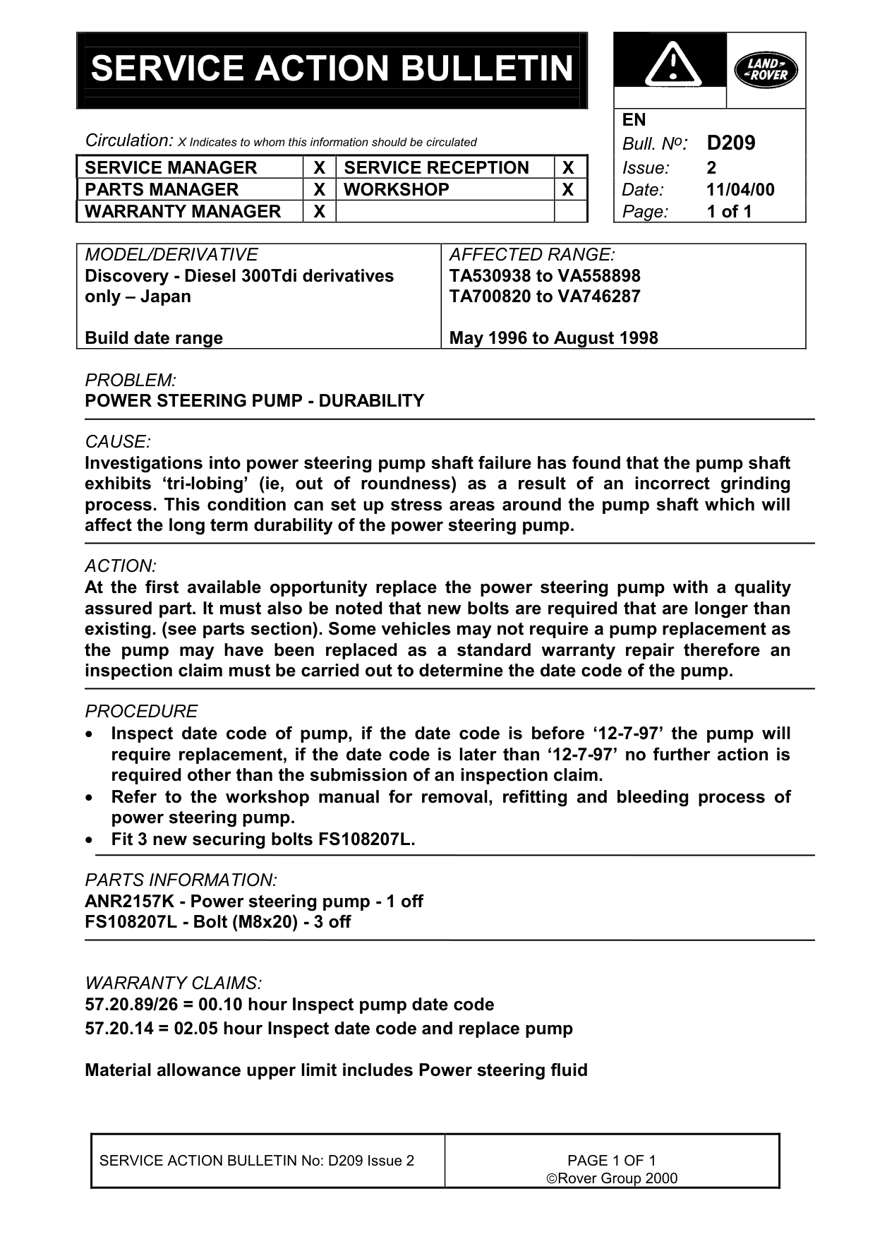 Power Steering Pump - Durability – bulletin page 1