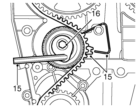 Tensioning timing belt – Remove camshaft gear alignment tool LRT-12-134.