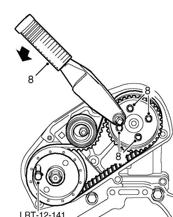 Using a torque wrench fitted to tensioner pulley backplate, apply a clockwise as viewed fr