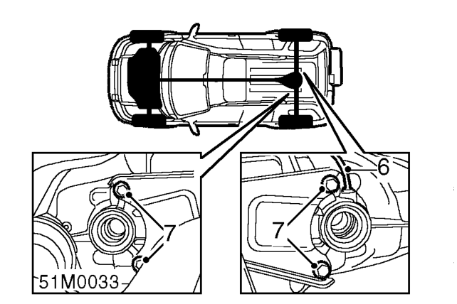 Differential assembly – Remove 2 bolts securing differential to front mounting.