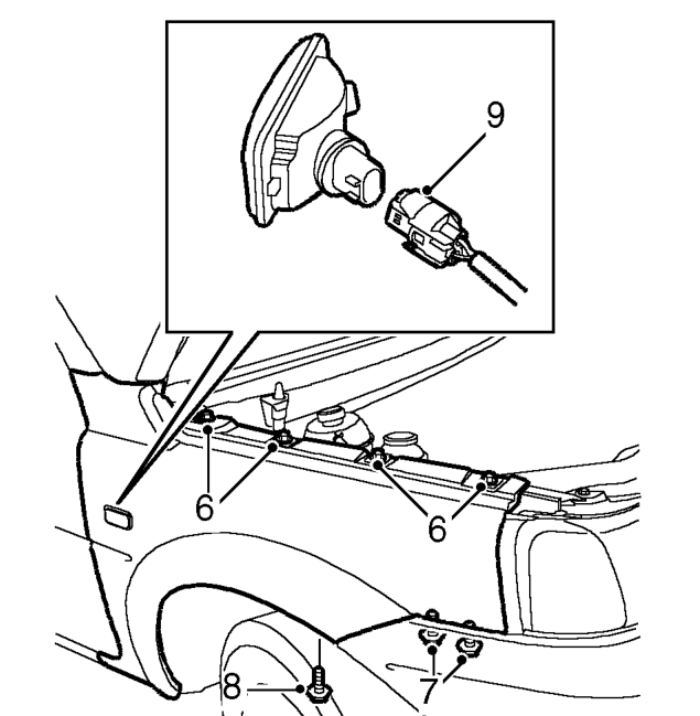 Wing - front – Remove 2 bolts securing wing bracket to ’A’ post.