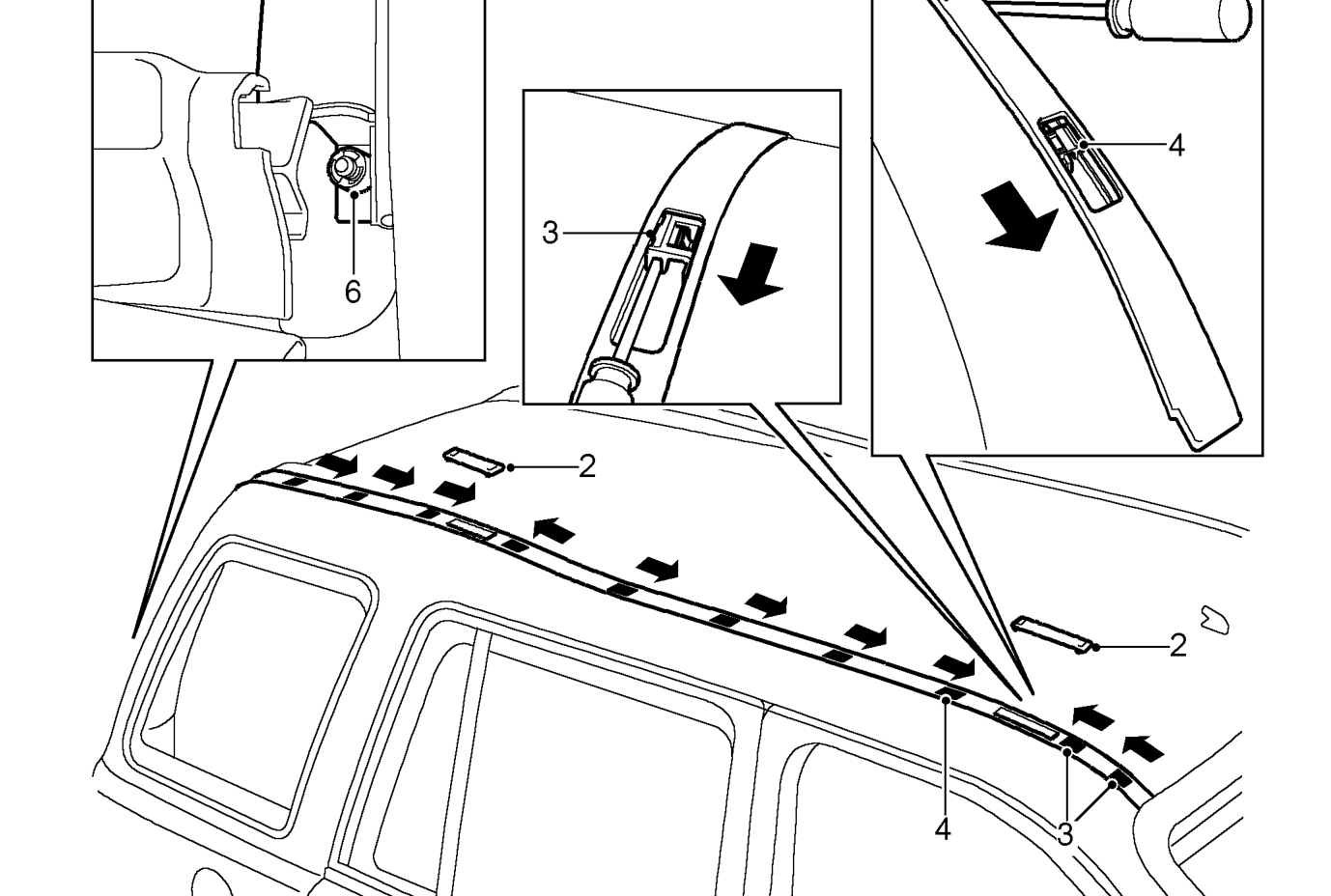 Finisher - roof panel – Remove tail door glass side finisher. See Doors.
