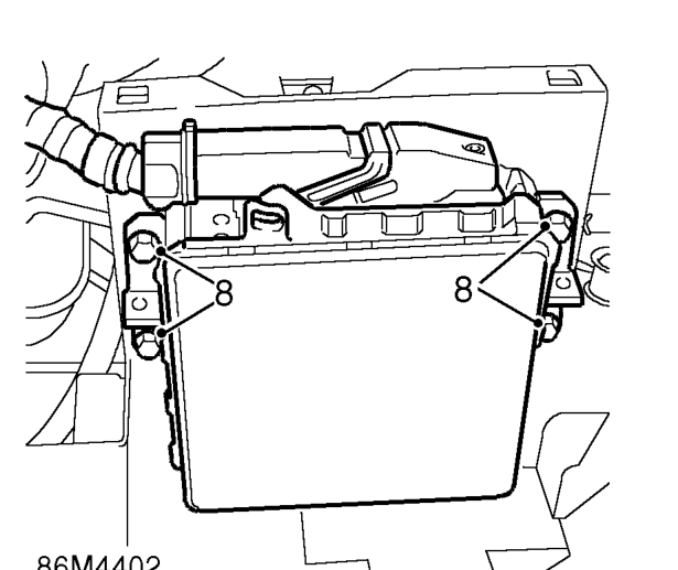Battery carrier – Remove 2 bolts and release air cleaner.