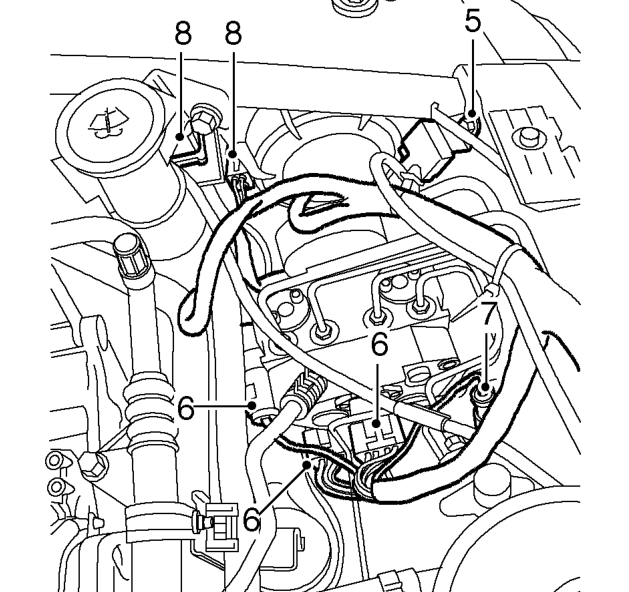 Harness - main - 5 door – Pull reservoir harness and washer tubes into engine bay.