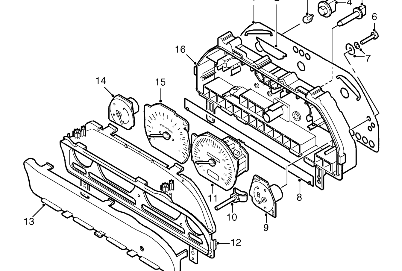Instrument pack components – mate with the print panel. Bulb sockets for warning and illumination lamps are installed t