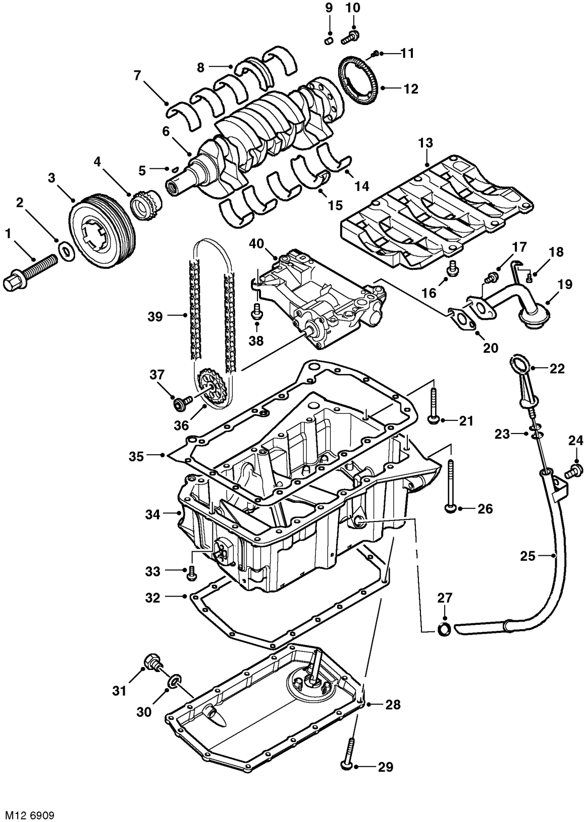 Crankshaft, sump and oil pump