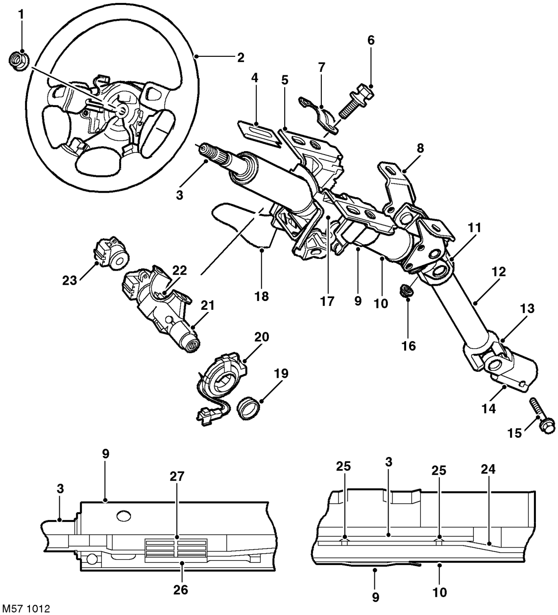 Steering column – The major steering components comprise a shock absorbing telescopic steering column, a Pow