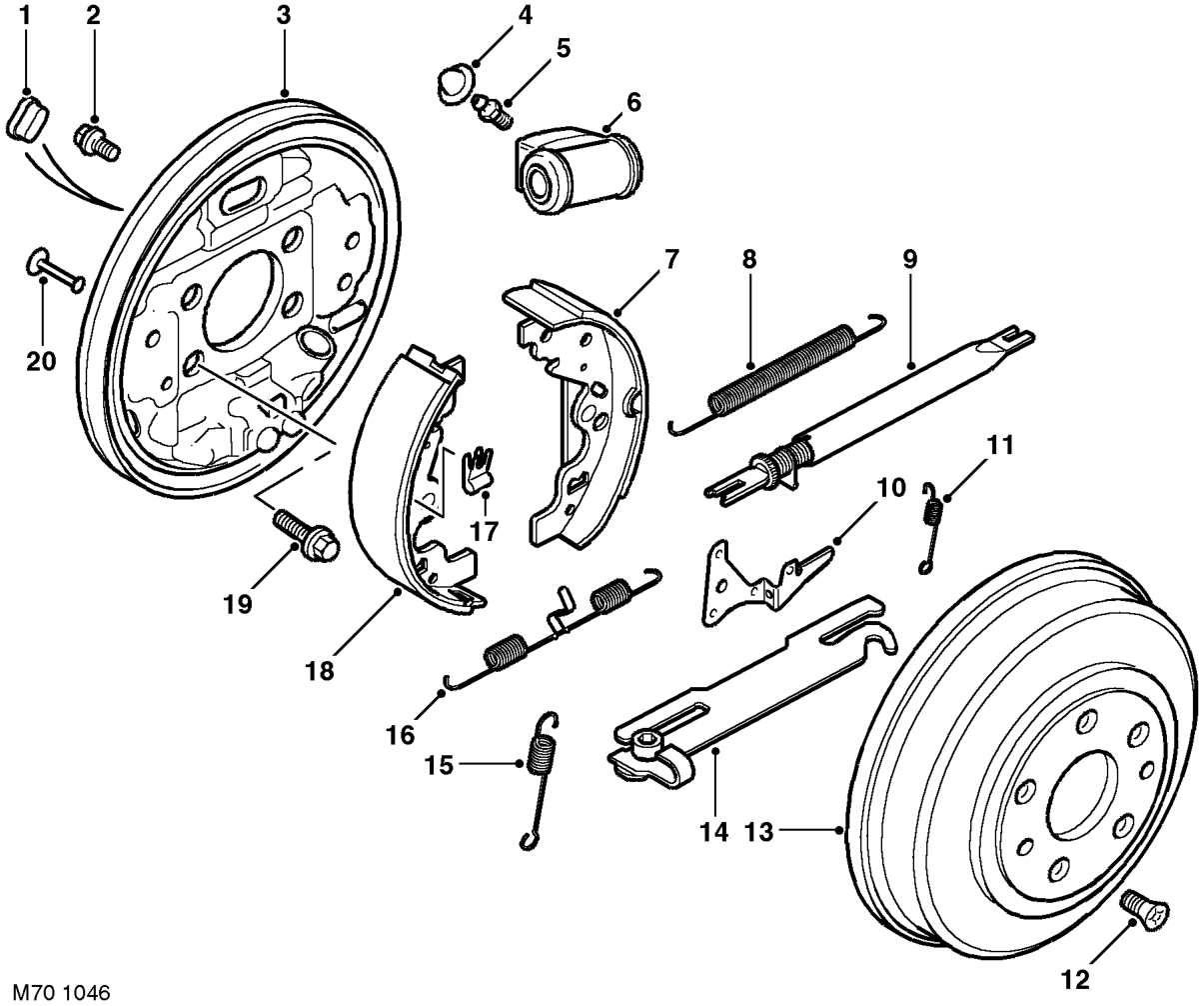 Rear brake components – When a force is supplied to the shoes via the hand brake lever and cables, both brake shoe