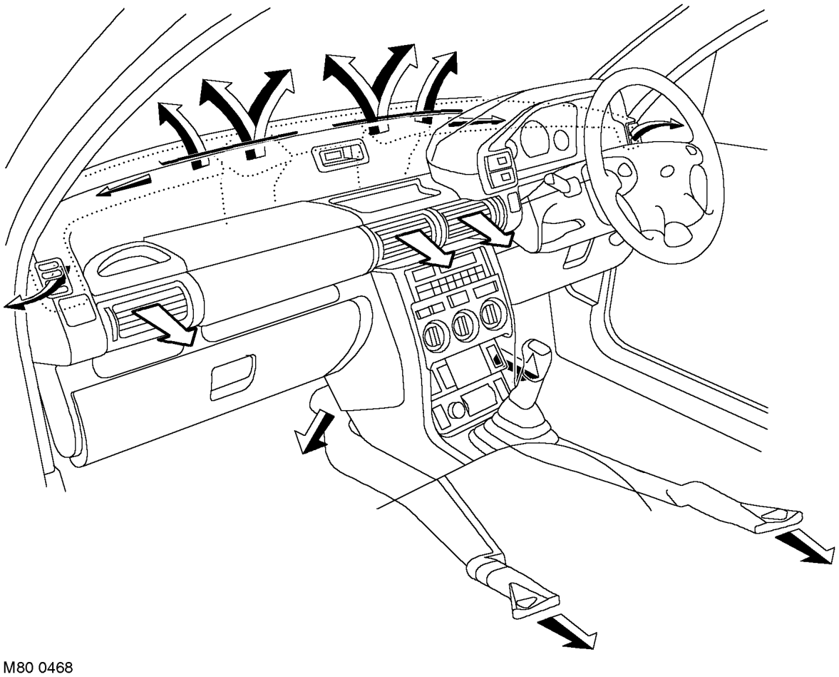 Fascia outlets – The front footwell vents are integrated into the heater assembly. Two central vent assembl