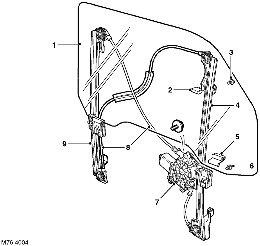 Front door window regulator – Each carrier is attached to the cable which, in turn, is attached to a drum driven by the 