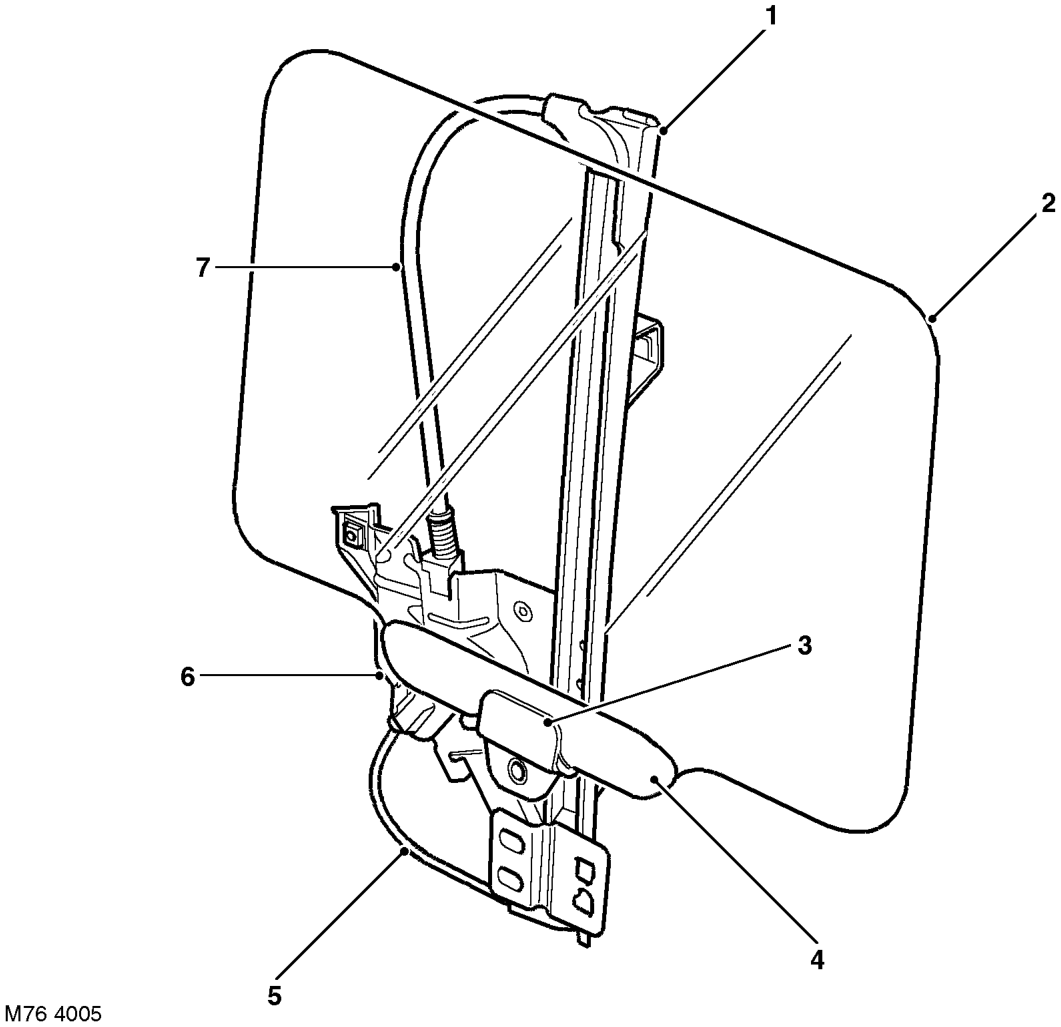 Rear door window regulator – The carrier is attached to the cable which, in turn, is attached to a drum driven by the m