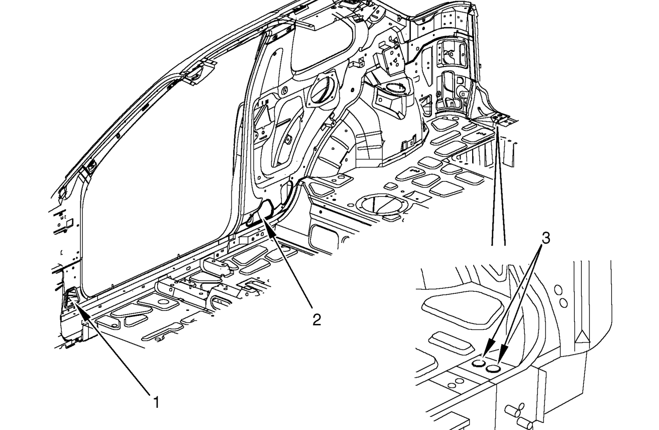 Sound dampening foam injection points - 3 door – injected after paint refinishing and application of cavity wax.