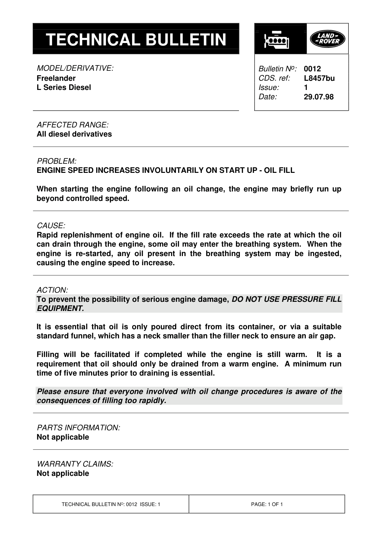 Engine Speed Increases Involuntarily On Start Up - Oil Fill – bulletin page 1
