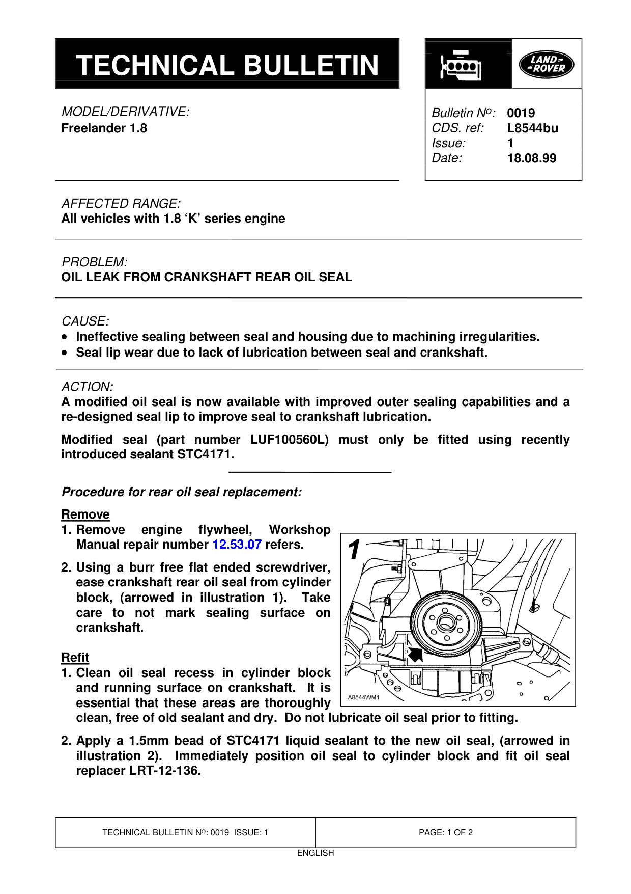 Oil Leak From Crankshaft Rear Oil Seal – bulletin page 1