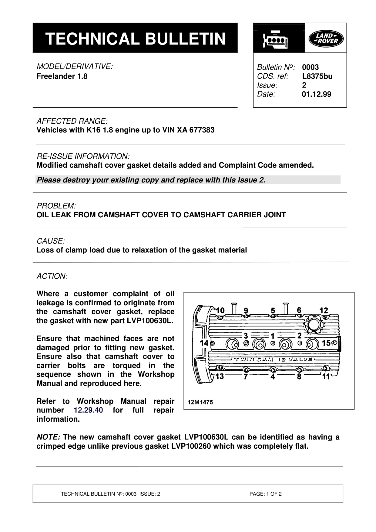 Oil Leak From Camshaft Cover To Camshaft Carrier Joint – bulletin page 1