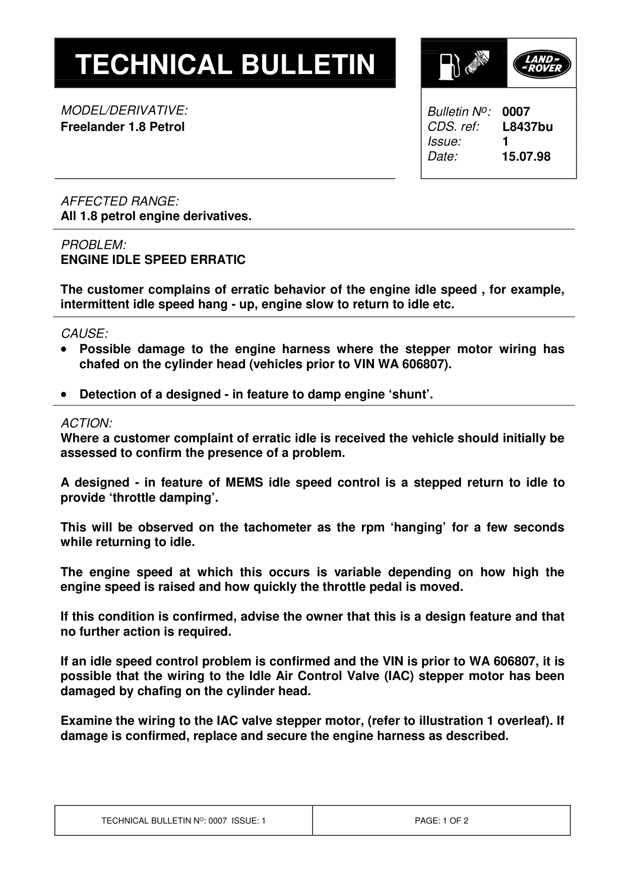 Engine Idle Speed Erratic – bulletin page 1