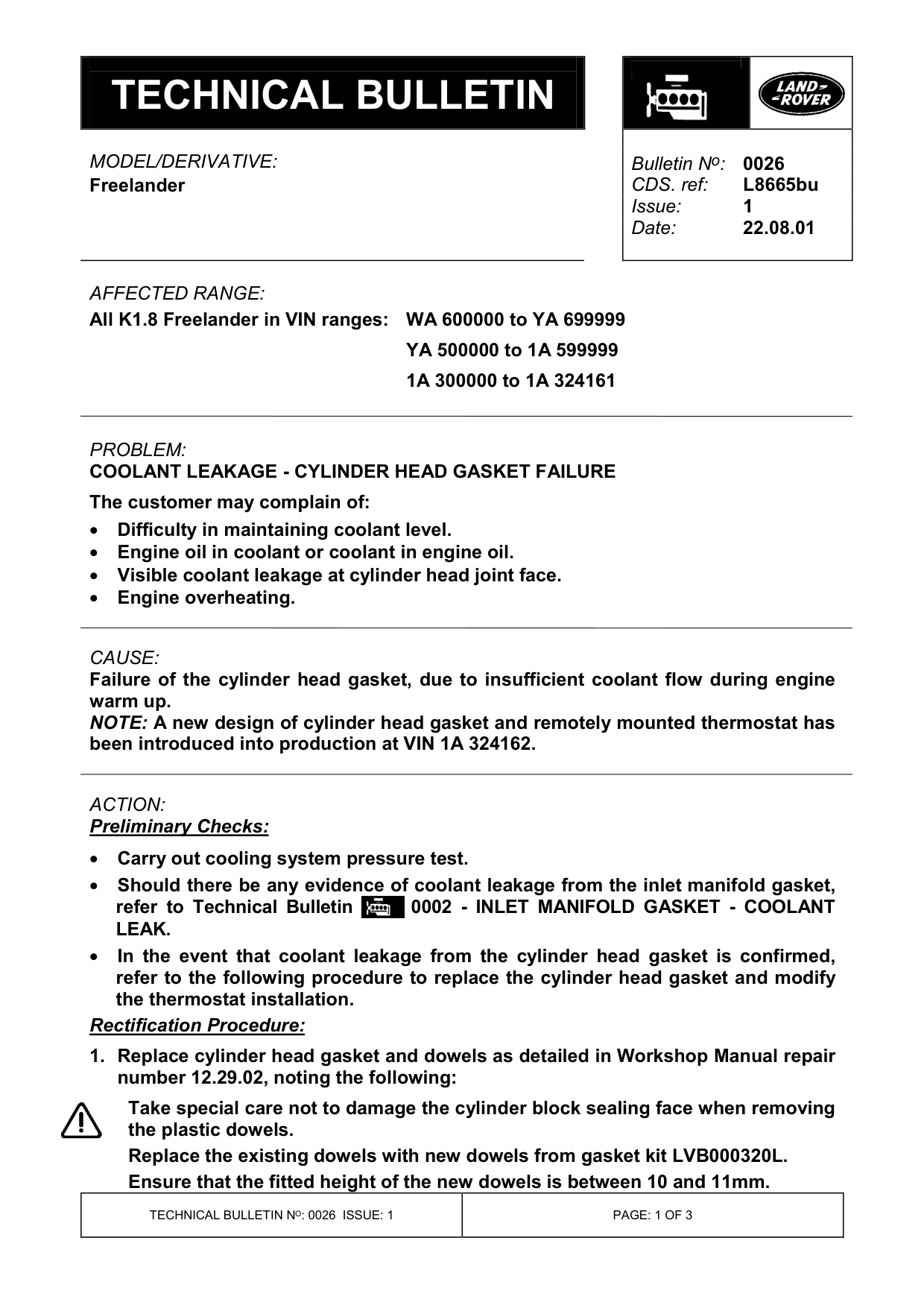 Coolant Leakage - Cylinder Head Gasket Failure – bulletin page 1