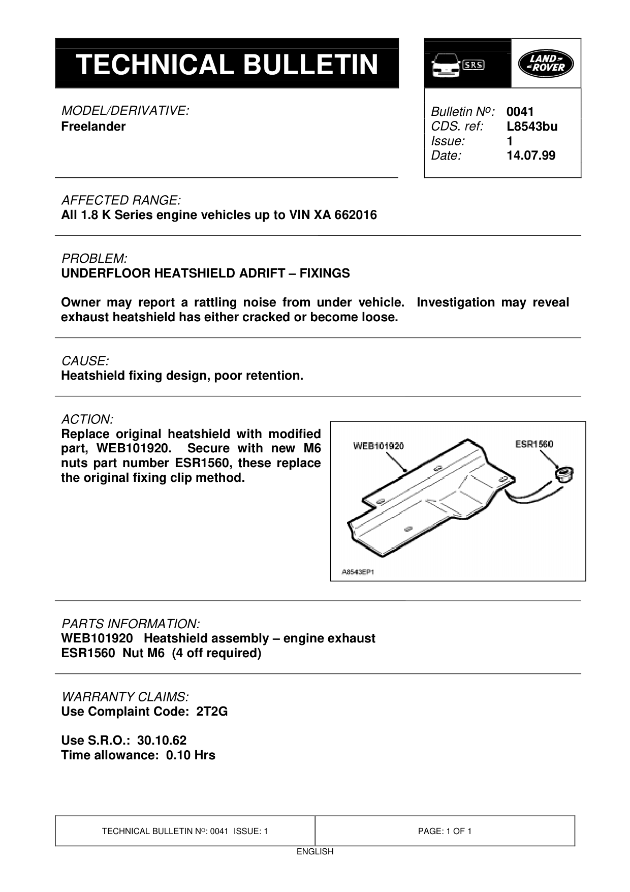 Underfloor Heatshield Adrift – Fixings – bulletin page 1