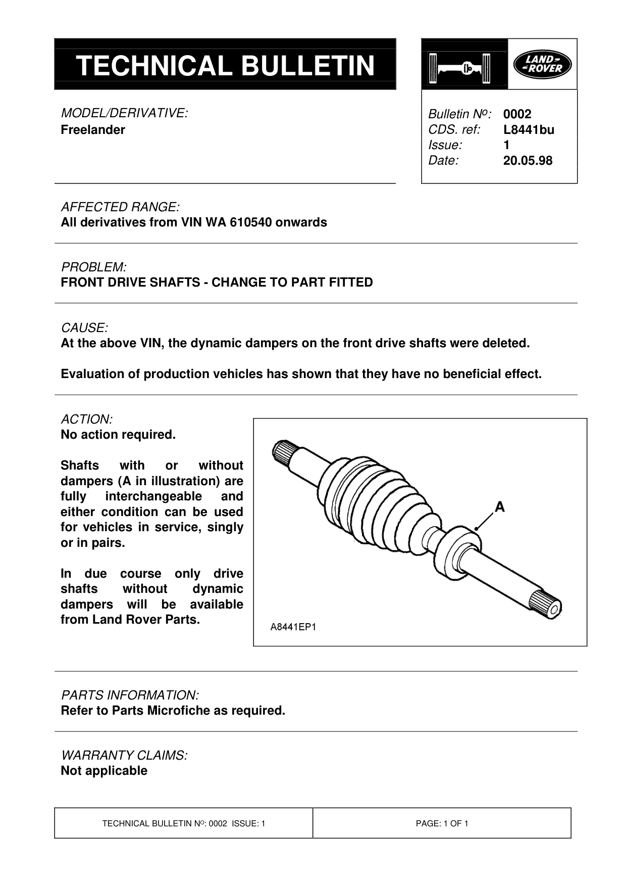 Front Drive Shafts - Change To Part Fitted – bulletin page 1