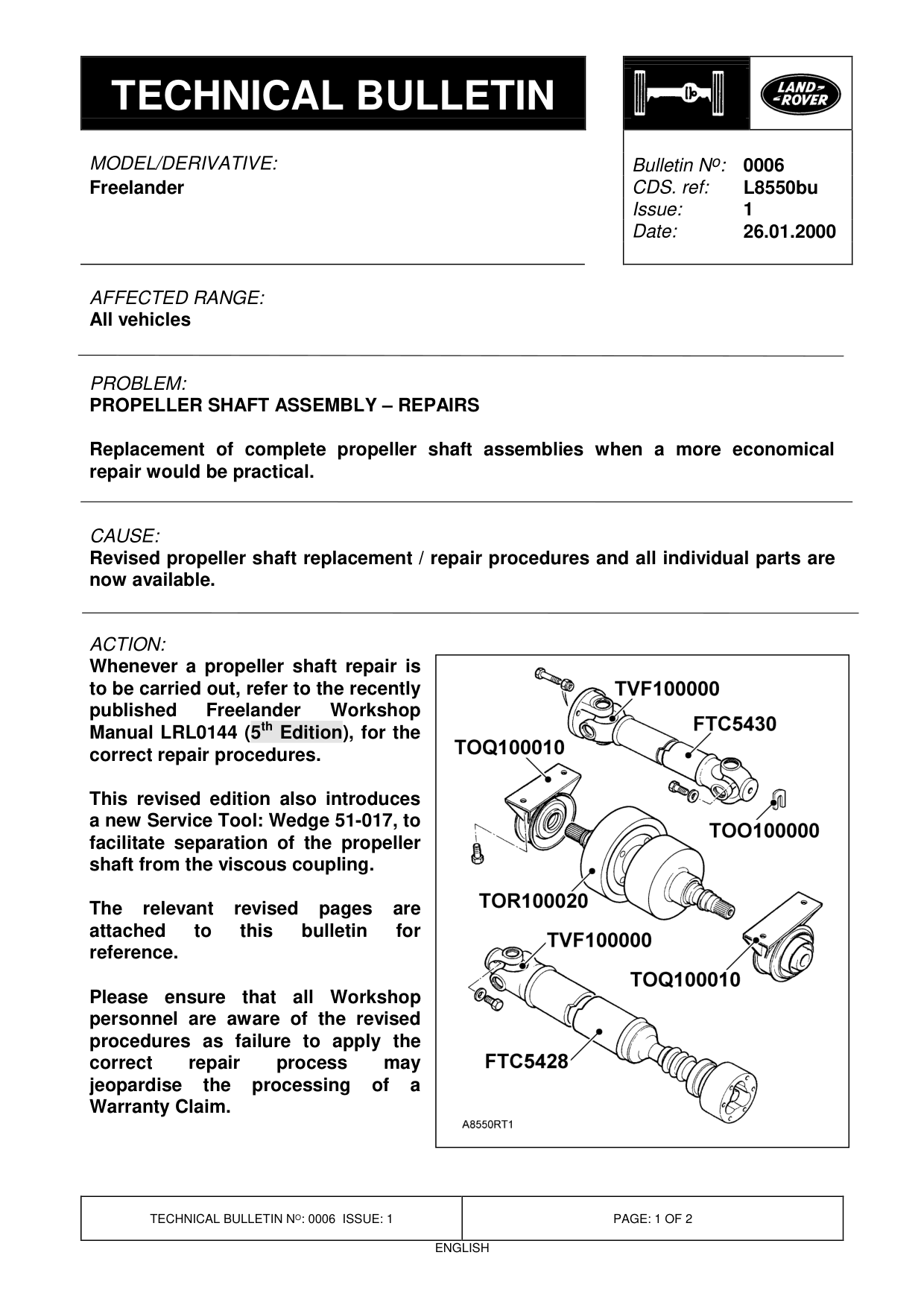Propeller Shaft Assembly – Repairs – bulletin page 1