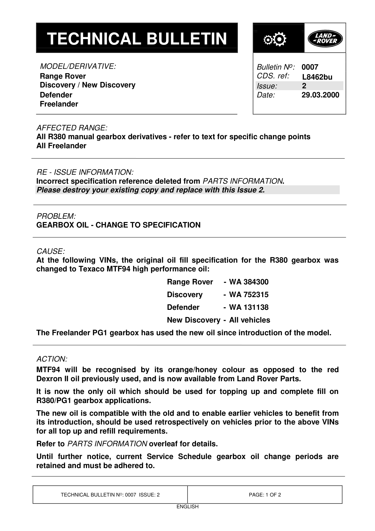 Gearbox Oil - Change To Specification – bulletin page 1